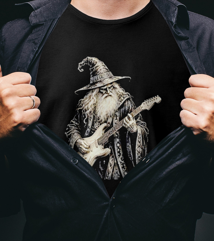 Wizard Playing Electric Guitar Fantasy Musician Magical Rock Legend T-Shirt