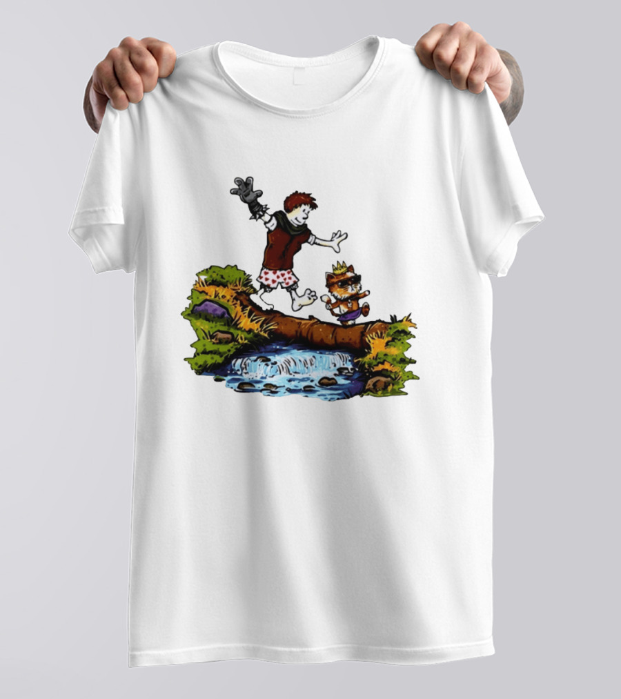 Boy And Crowned Cat Balancing On Log Over Stream T-Shirt