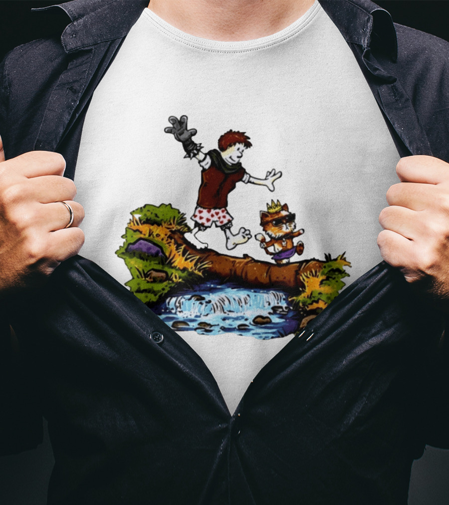 Boy And Crowned Cat Balancing On Log Over Stream T-Shirt