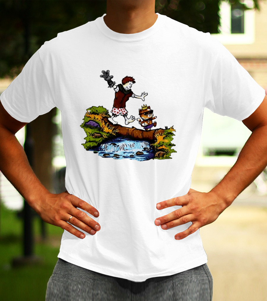 Boy And Crowned Cat Balancing On Log Over Stream T-Shirt