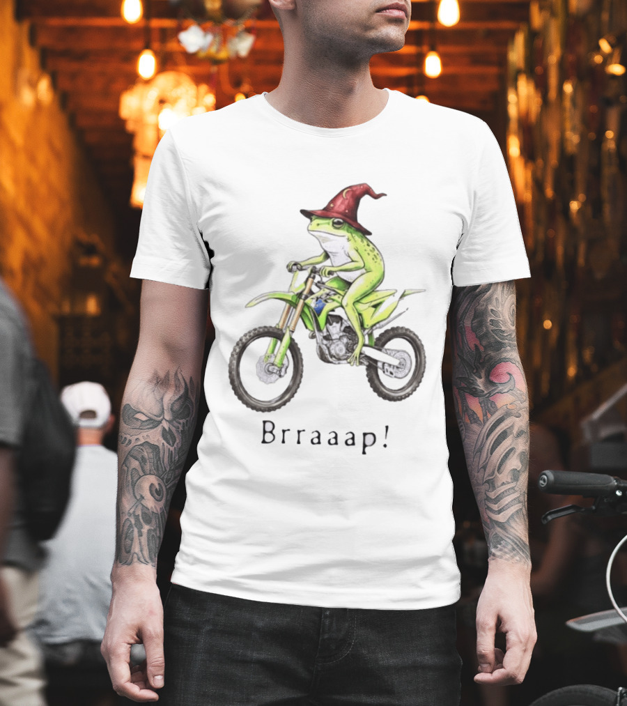 Brraaap Wizard Frog On Green Motocross Bike T-Shirt