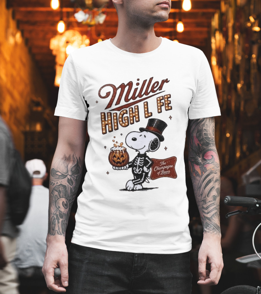 Miller High Life Snoopy Skeleton Halloween The Champagne Of Beers T-Shirt