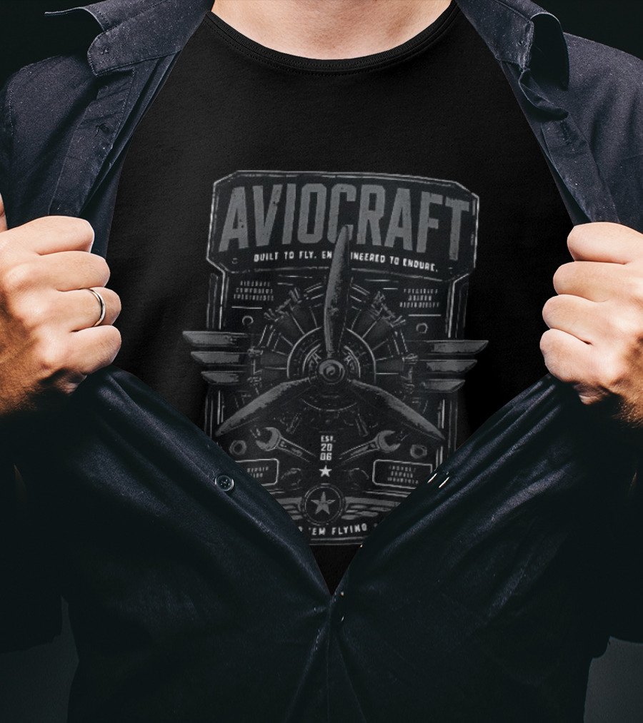 Aviocraft Built To Fly Engineered To Endure Est 20 06 Keep Em Flying Aircraft Aviation Enthusiasts Pilot Mechanic Vintage Motor Propeller Parts T-Shirt