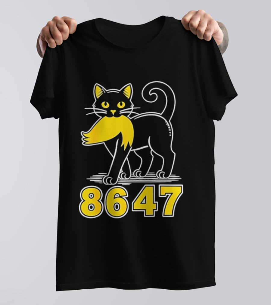 Black Cat 8647 Feline With Yellow Mustache T-Shirt