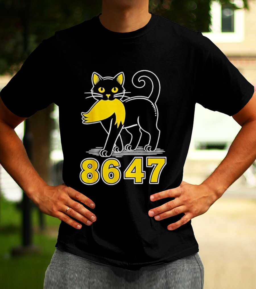 Black Cat 8647 Feline With Yellow Mustache T-Shirt