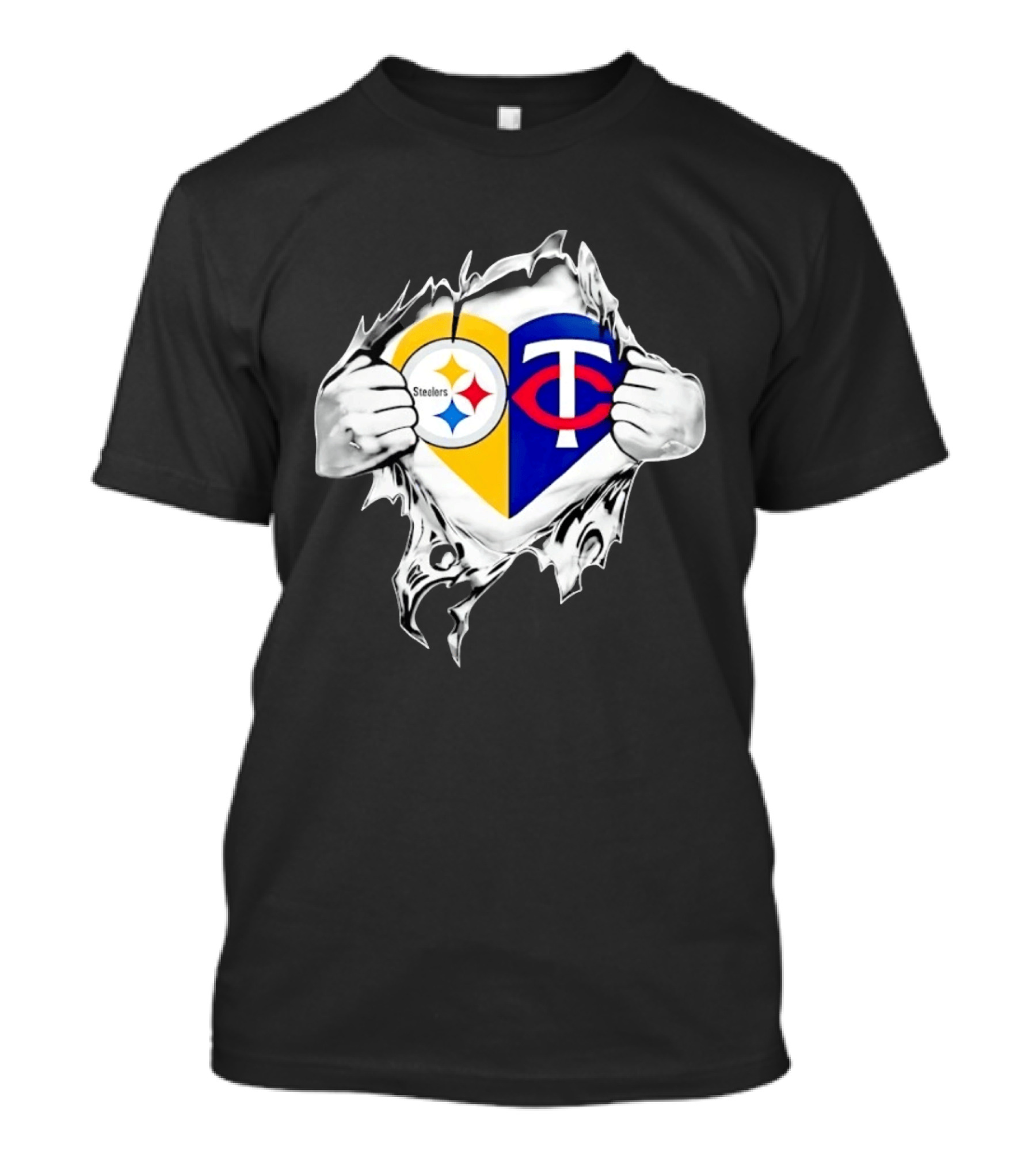 Pittsburgh Steelers Minnesota Twins Heart Superman Chest Rip T-Shirt