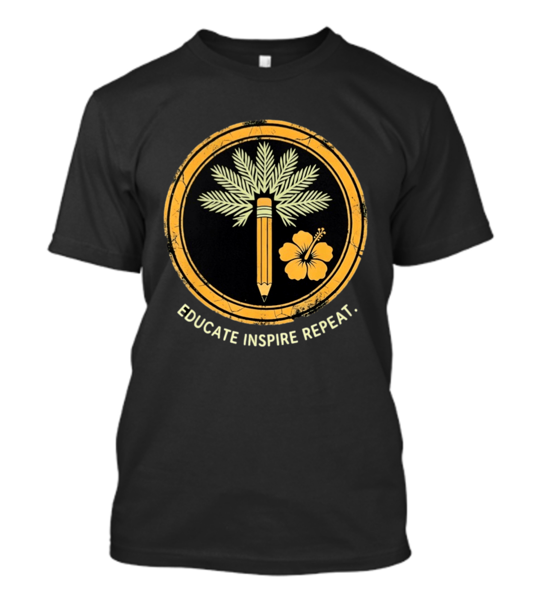 Distressed Educate Inspire Repeat Palm Tree Pencil Hibiscus T-Shirt