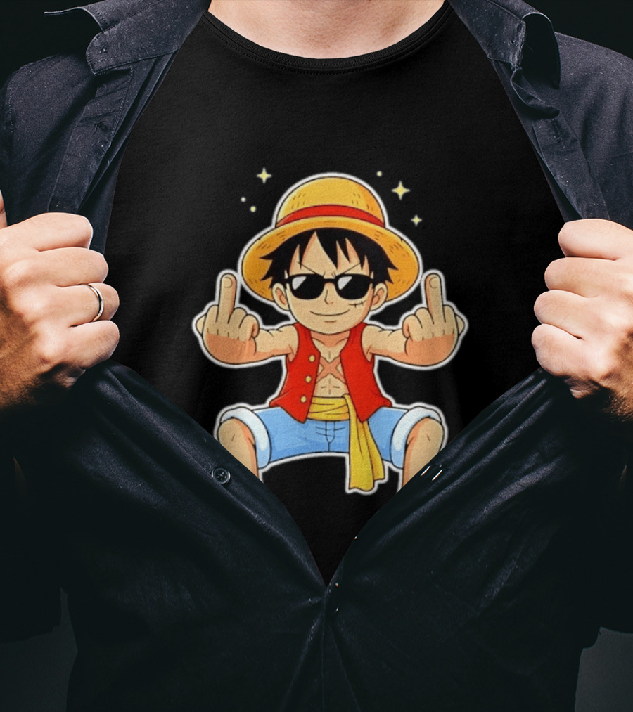 Monkey D Luffy Sunglasses Middle Finger Gesture Anime T-Shirt