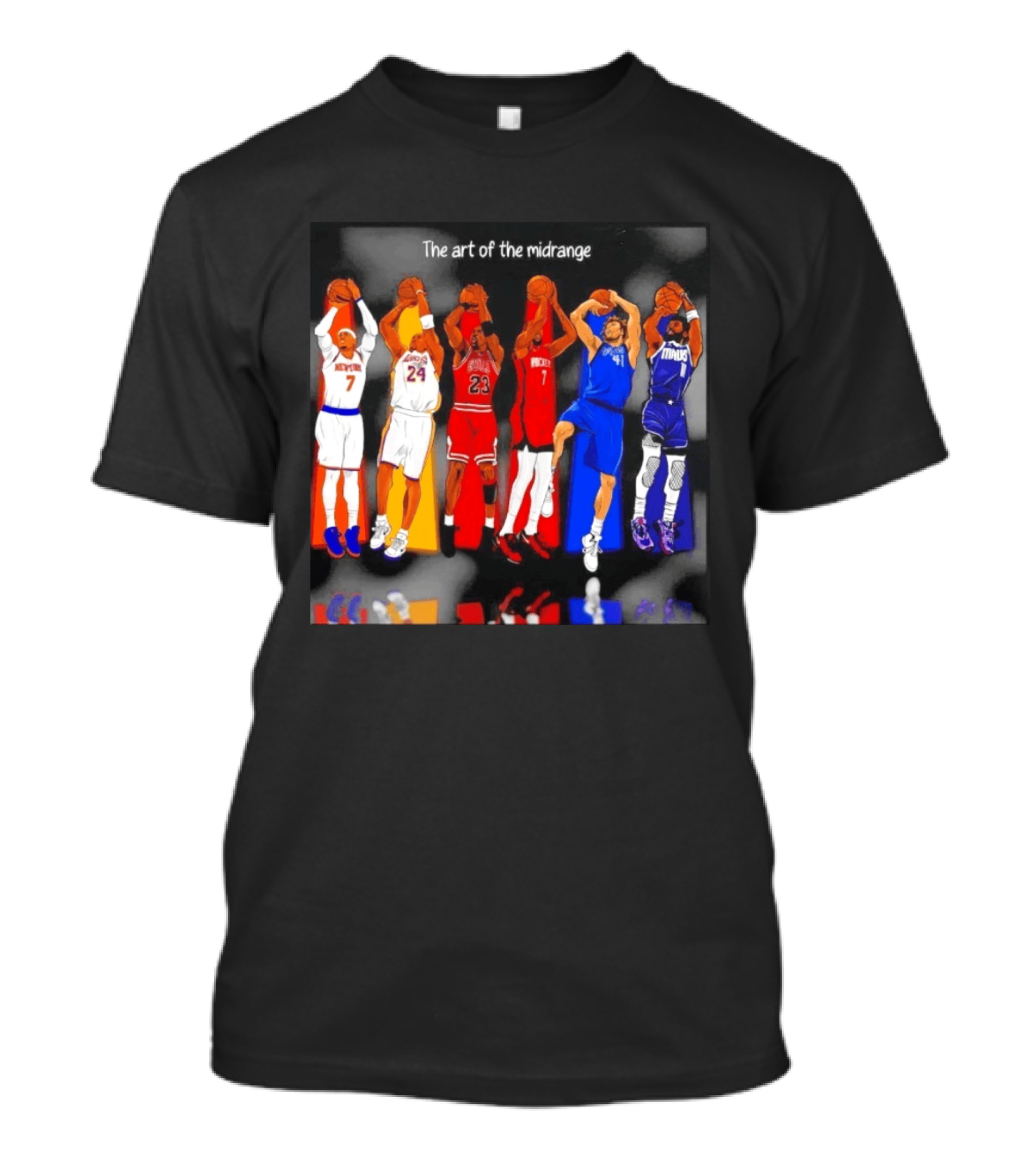 The Art Of The Midrange Basketball Legends Collage Knicks Lakers Bulls Rockets Mavericks T-Shirt