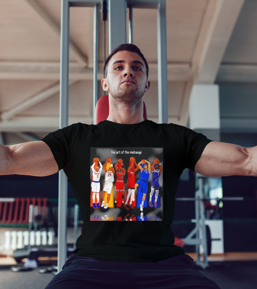 The Art Of The Midrange Basketball Legends Collage Knicks Lakers Bulls Rockets Mavericks T-Shirt