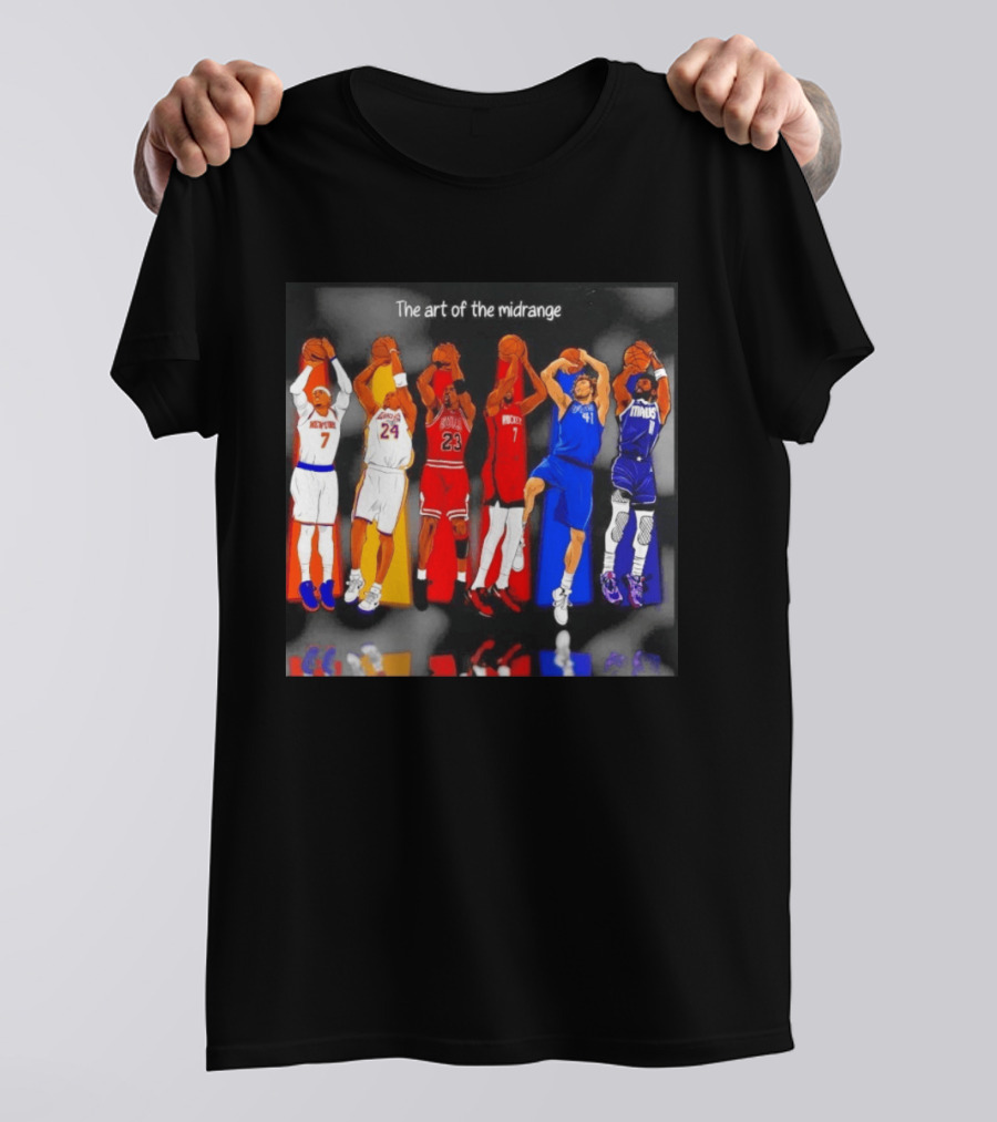 The Art Of The Midrange Basketball Legends Collage Knicks Lakers Bulls Rockets Mavericks T-Shirt