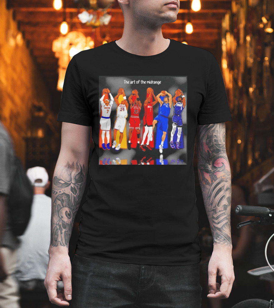 The Art Of The Midrange Basketball Legends Collage Knicks Lakers Bulls Rockets Mavericks T-Shirt