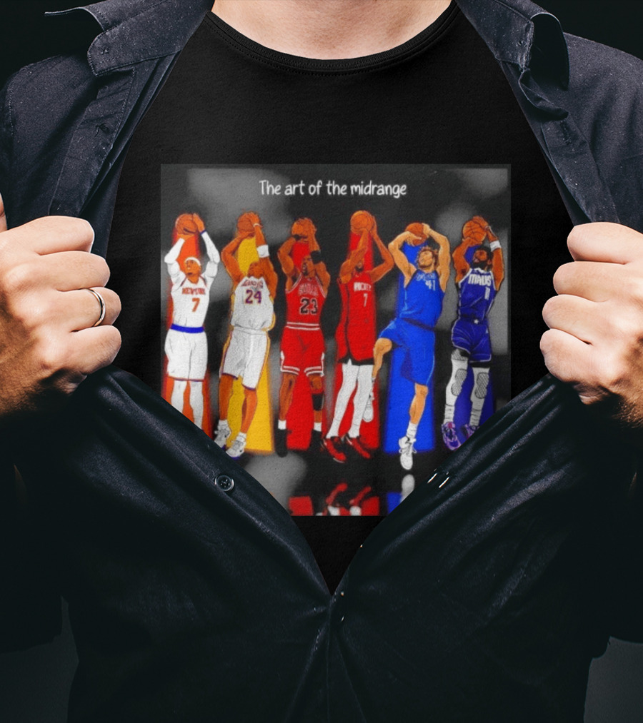 The Art Of The Midrange Basketball Legends Collage Knicks Lakers Bulls Rockets Mavericks T-Shirt