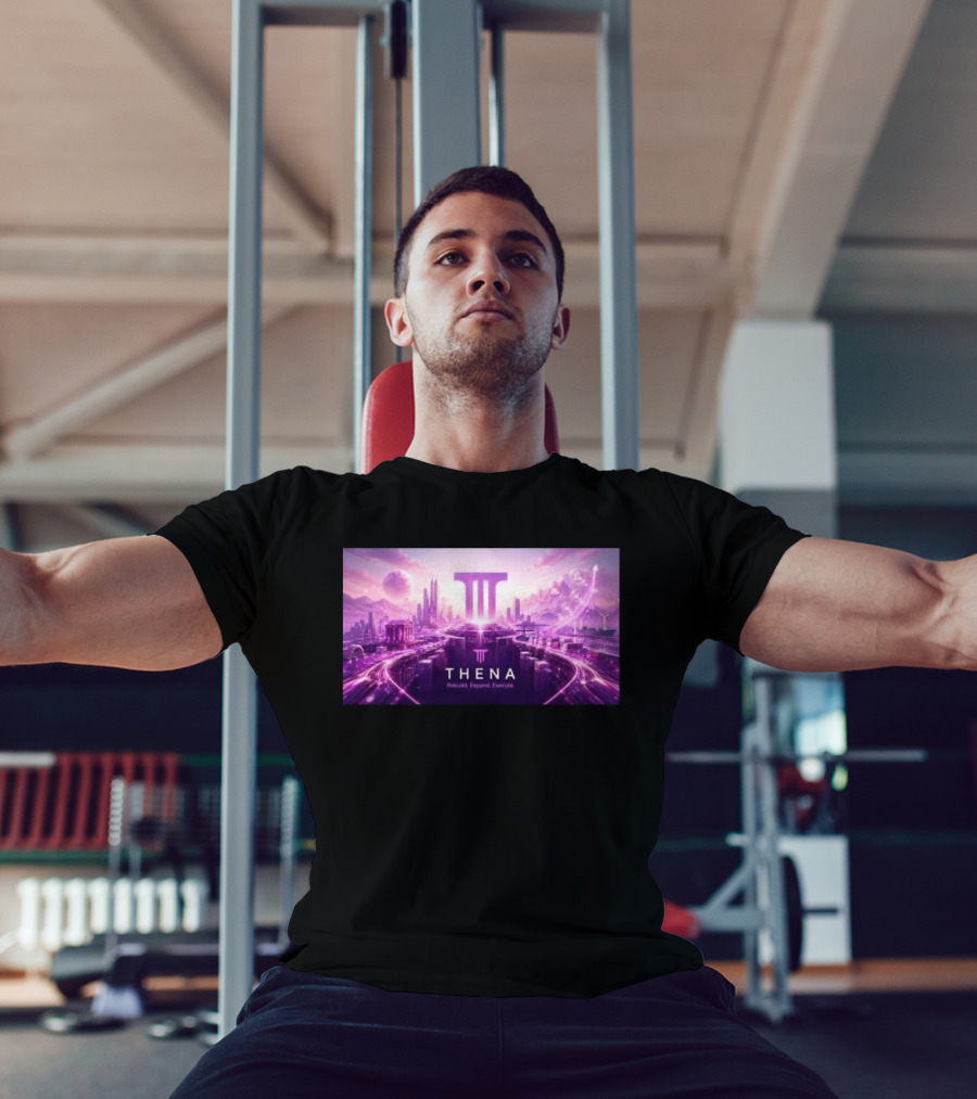 Thena Rebuild Expand Execute Futuristic Cityscape With Purple Skyline And Skyscrapers T-Shirt