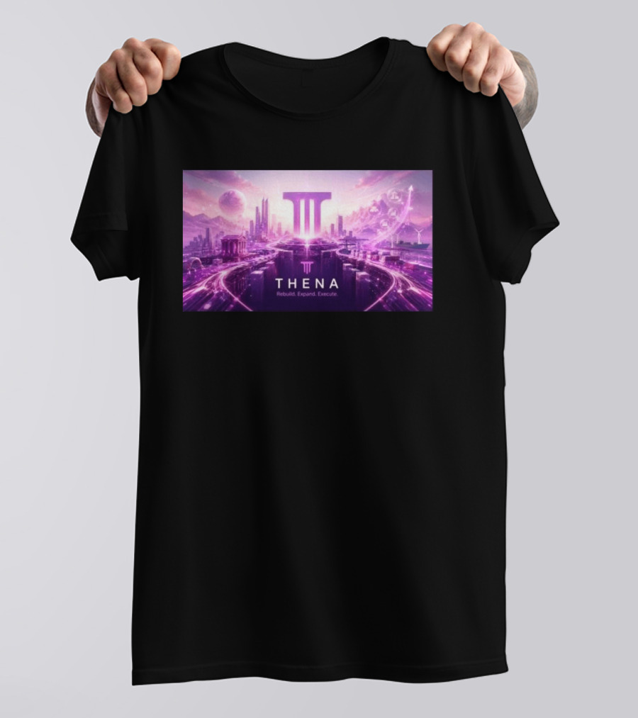 Thena Rebuild Expand Execute Futuristic Cityscape With Purple Skyline And Skyscrapers T-Shirt
