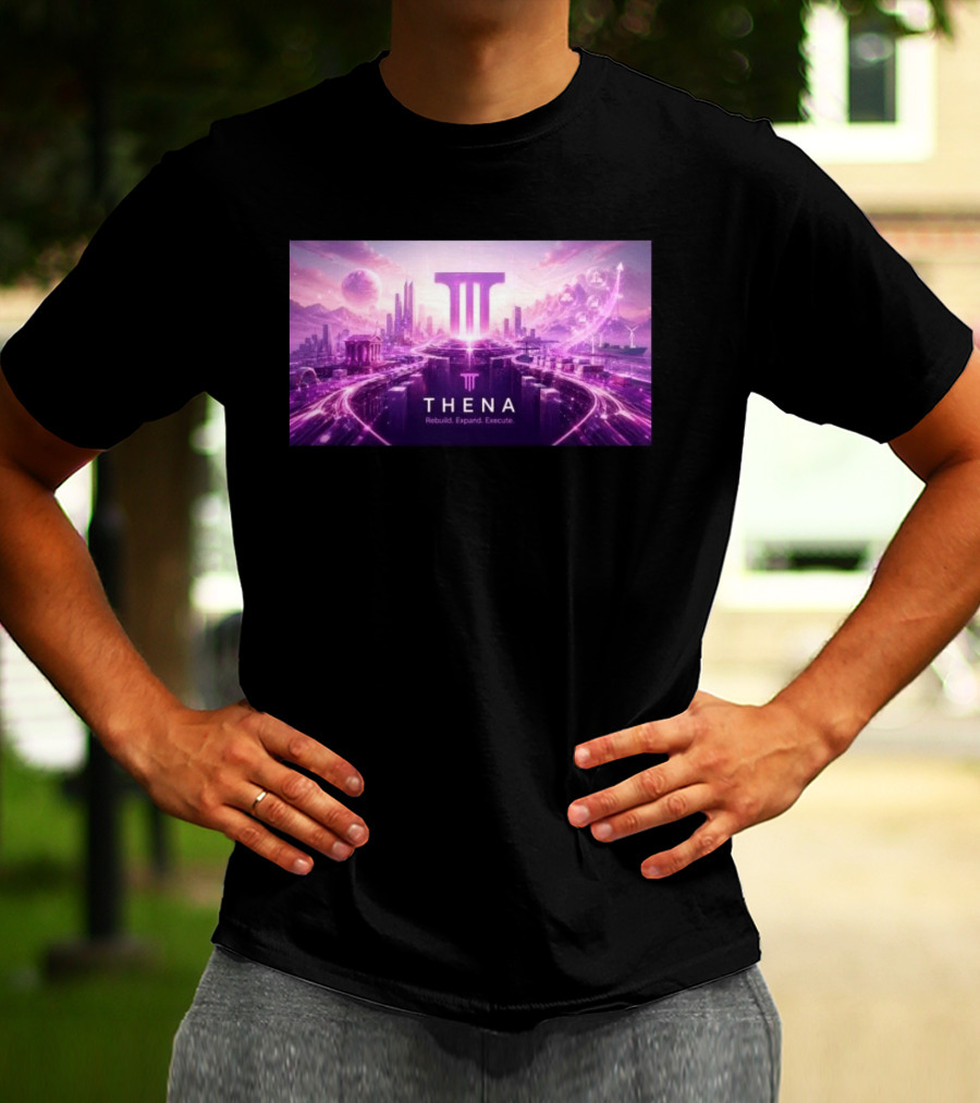 Thena Rebuild Expand Execute Futuristic Cityscape With Purple Skyline And Skyscrapers T-Shirt