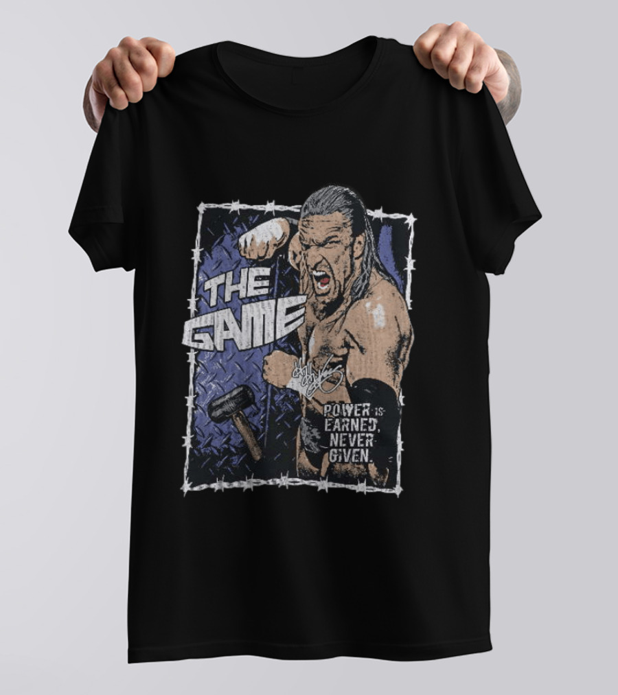 Triple H The Game WWE Power Is Earned Never Given Barbed Wire Signature Sledgehammer T-Shirt