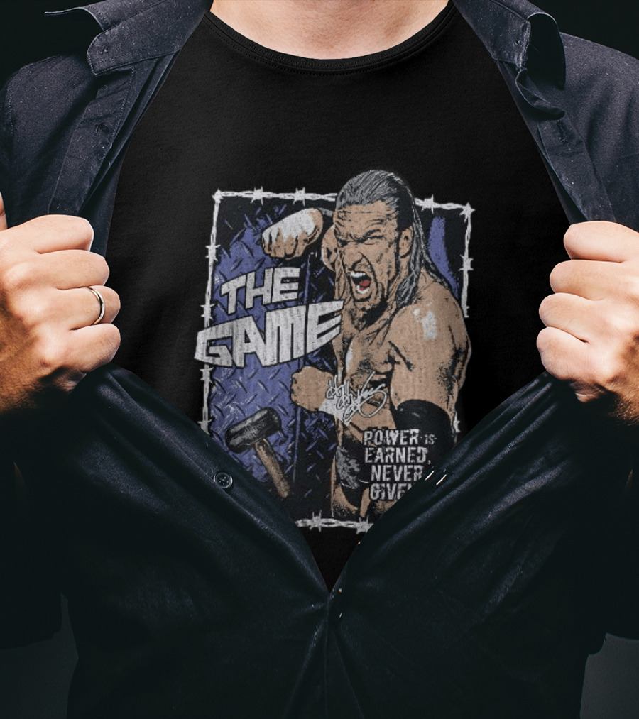 Triple H The Game WWE Power Is Earned Never Given Barbed Wire Signature Sledgehammer T-Shirt