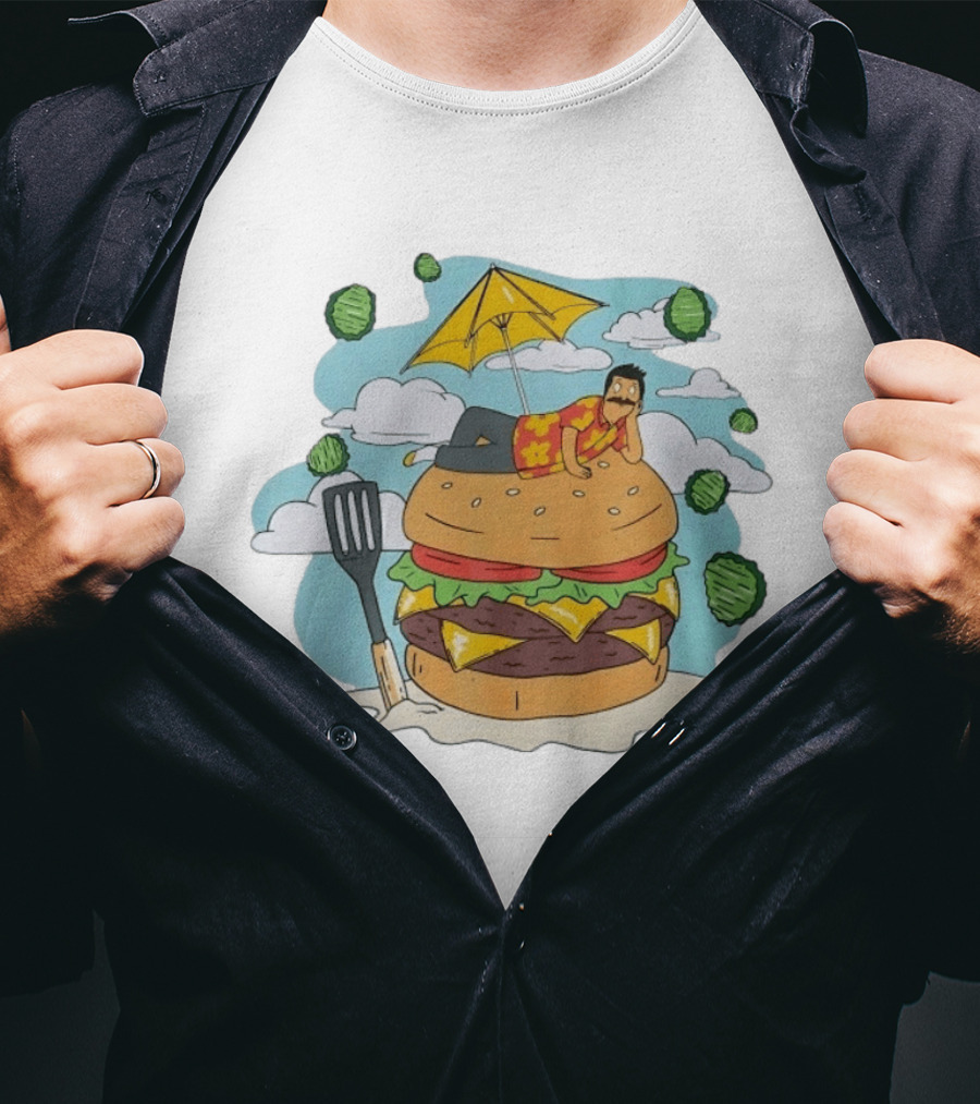 Bob Belcher Relaxing On Giant Burger With Lettuce Clouds And Spatula Bob's Burgers T-Shirt