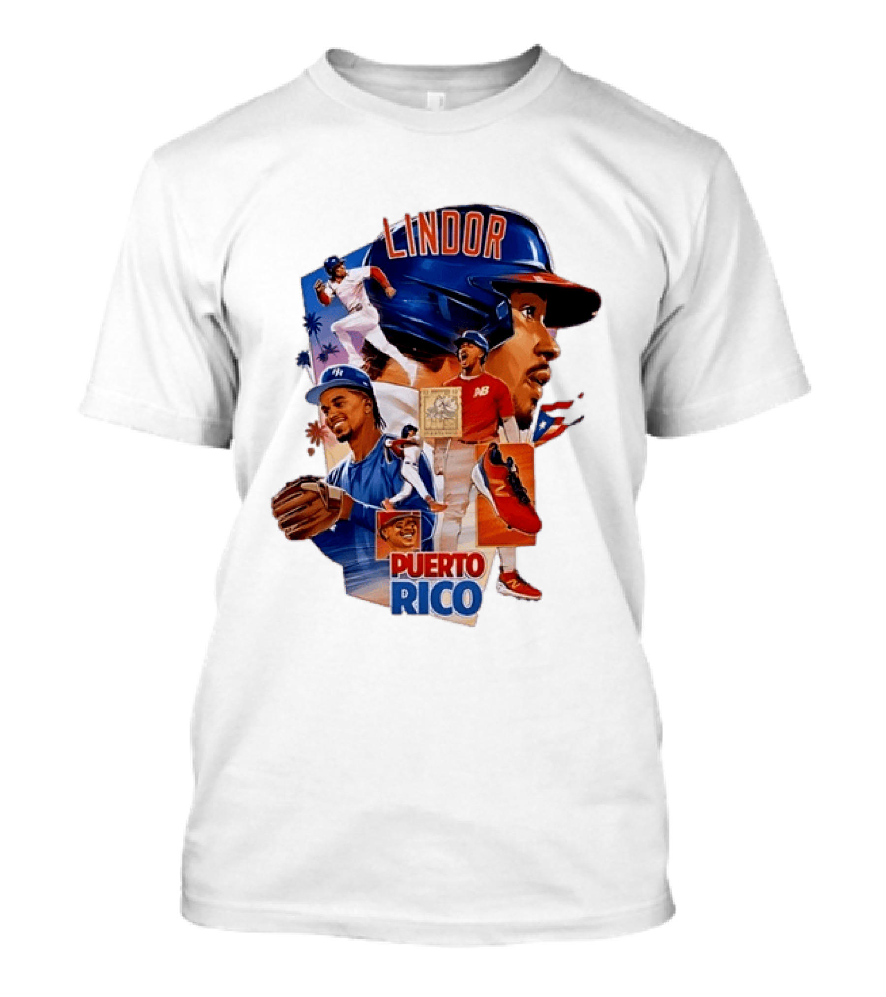 Francisco Lindor Puerto Rico New York Mets Baseball Legend Blue And Orange Helmet Dynamic Action Moves T-Shirt