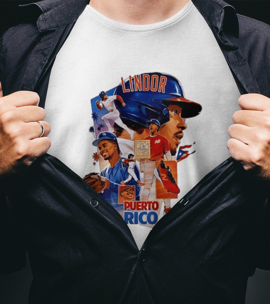 Francisco Lindor Puerto Rico New York Mets Baseball Legend Blue And Orange Helmet Dynamic Action Moves T-Shirt
