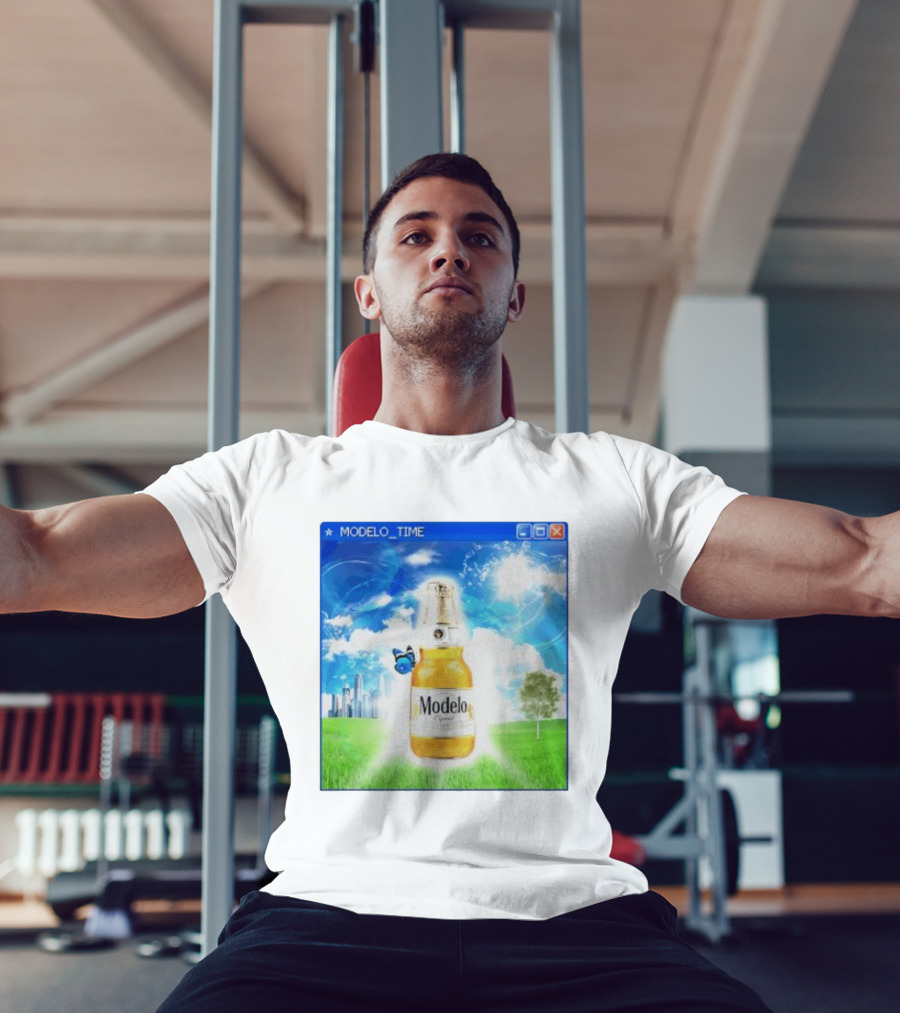 Modelo Time Frutiger Aero Aesthetic Butterfly Bottle Clouds Cityscape T-Shirt