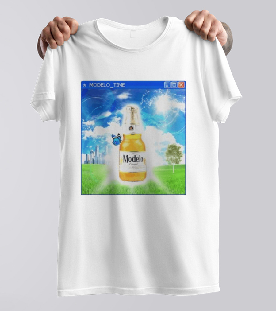 Modelo Time Frutiger Aero Aesthetic Butterfly Bottle Clouds Cityscape T-Shirt