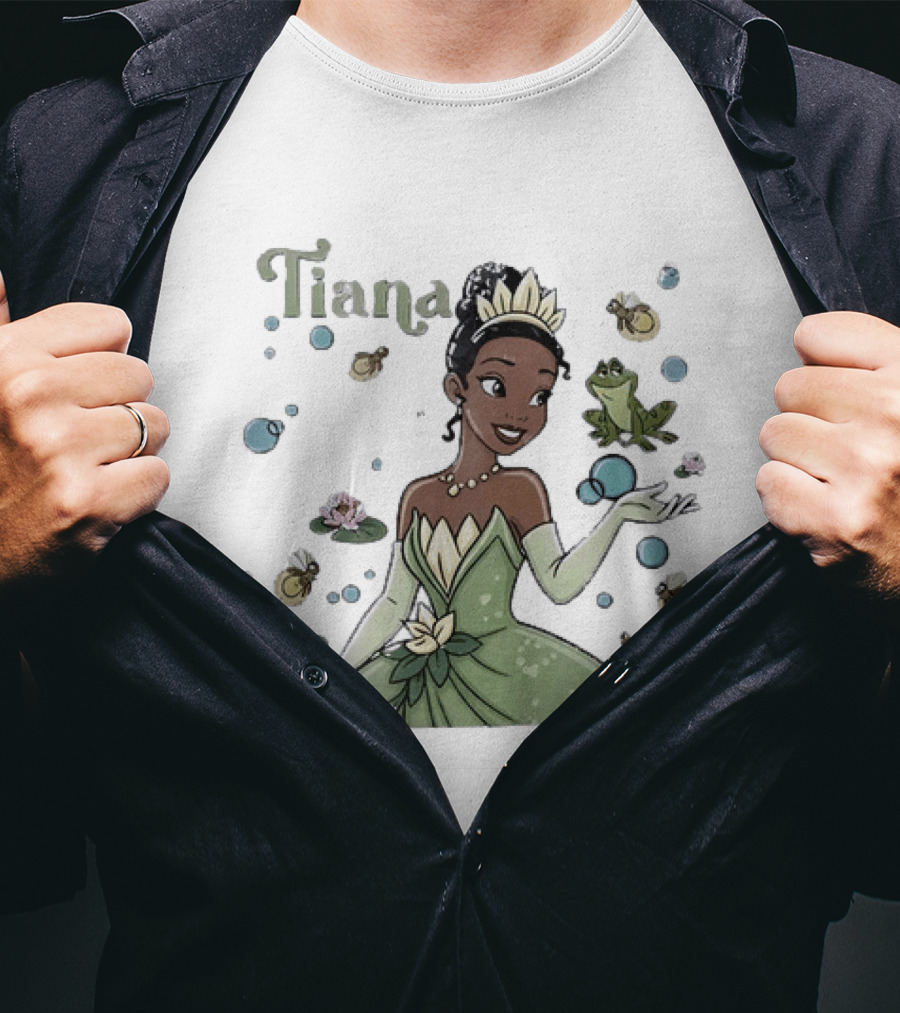 Tiana Disney Princess With Frog Fireflies And Water Lilies T-Shirt