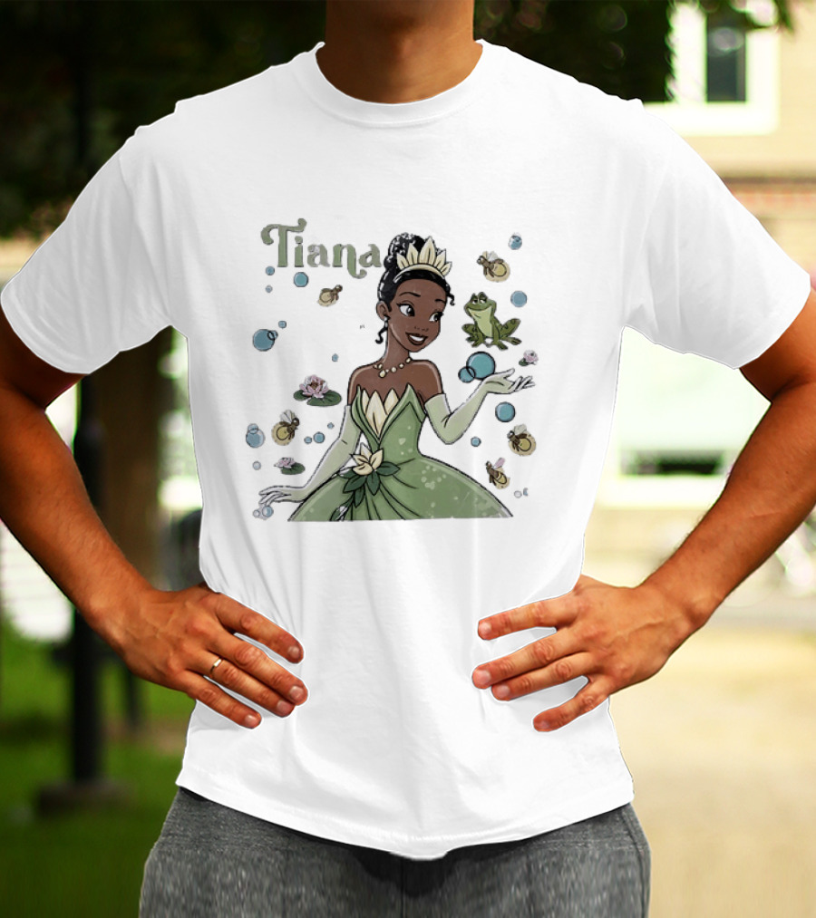 Tiana Disney Princess With Frog Fireflies And Water Lilies T-Shirt