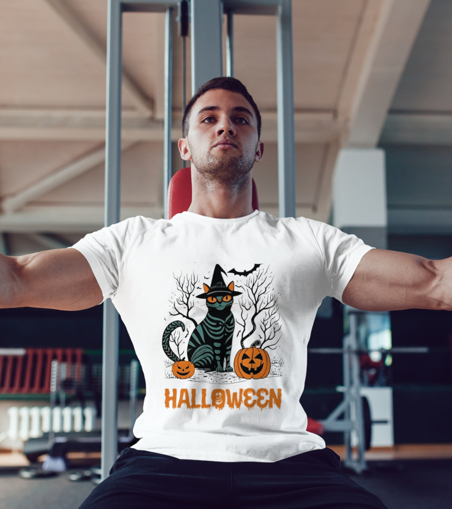Halloween Skeleton Cat Witch Hat Pumpkins Spooky Forest Scene T-Shirt