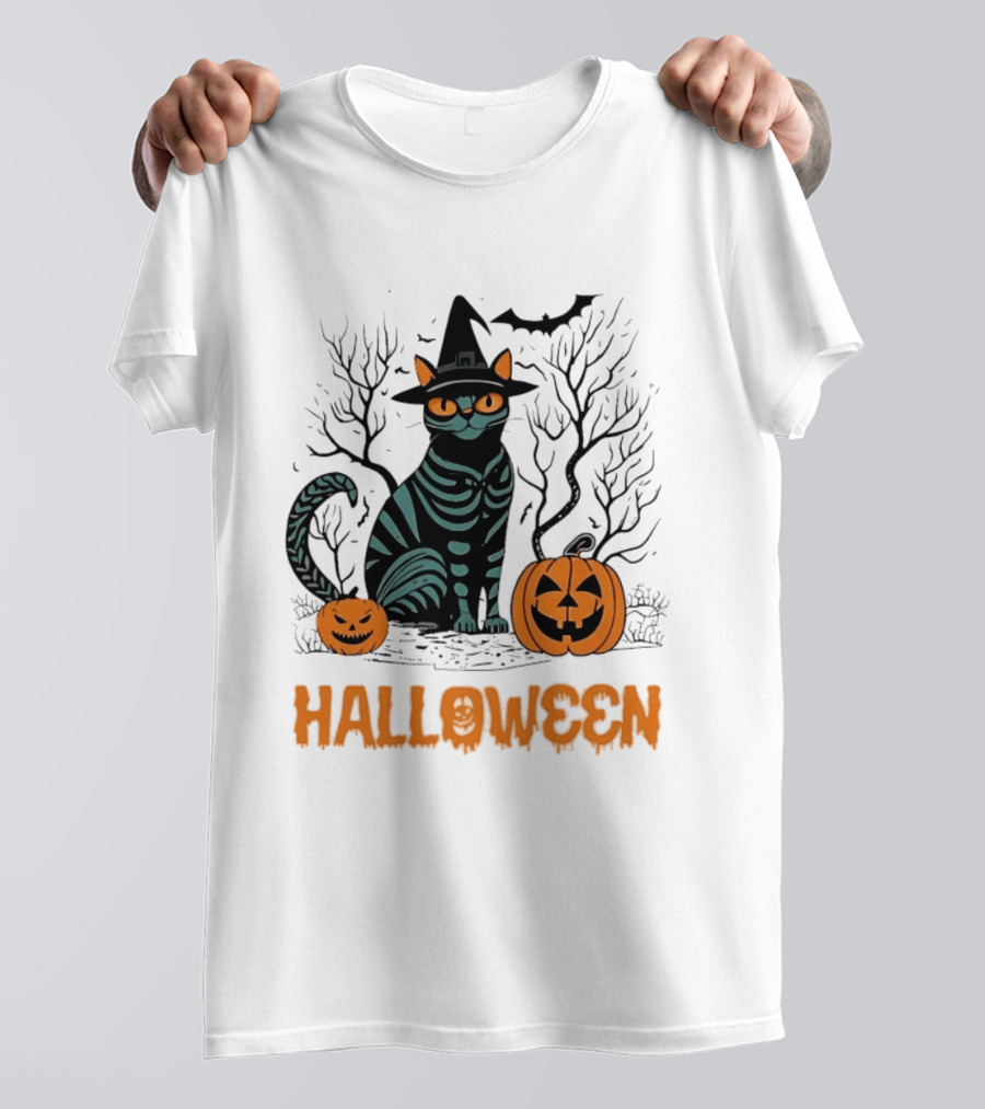 Halloween Skeleton Cat Witch Hat Pumpkins Spooky Forest Scene T-Shirt