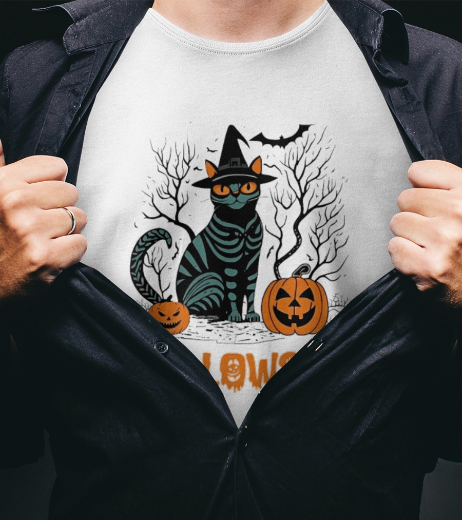 Halloween Skeleton Cat Witch Hat Pumpkins Spooky Forest Scene T-Shirt