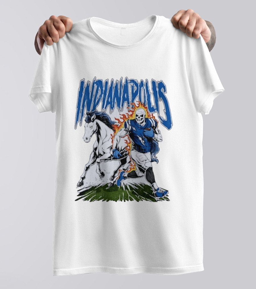 Indianapolis Football Skull And Horse Sports Flame Player Running T-Shirt