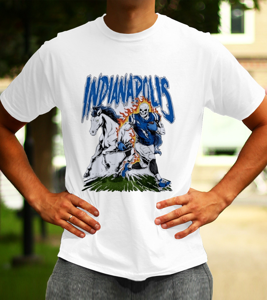 Indianapolis Football Skull And Horse Sports Flame Player Running T-Shirt