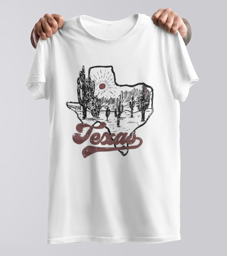 Texas Cacti Sun Rays Desert Scene Map T-Shirt