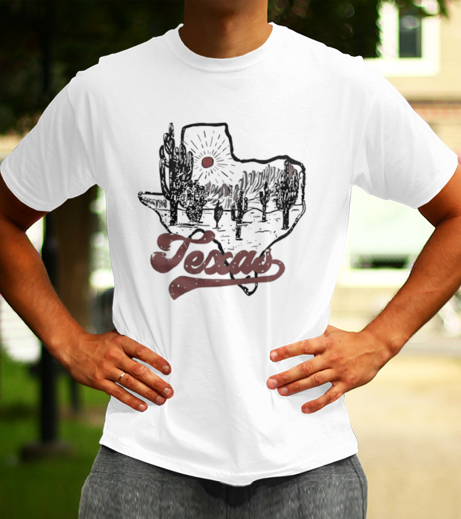Texas Cacti Sun Rays Desert Scene Map T-Shirt