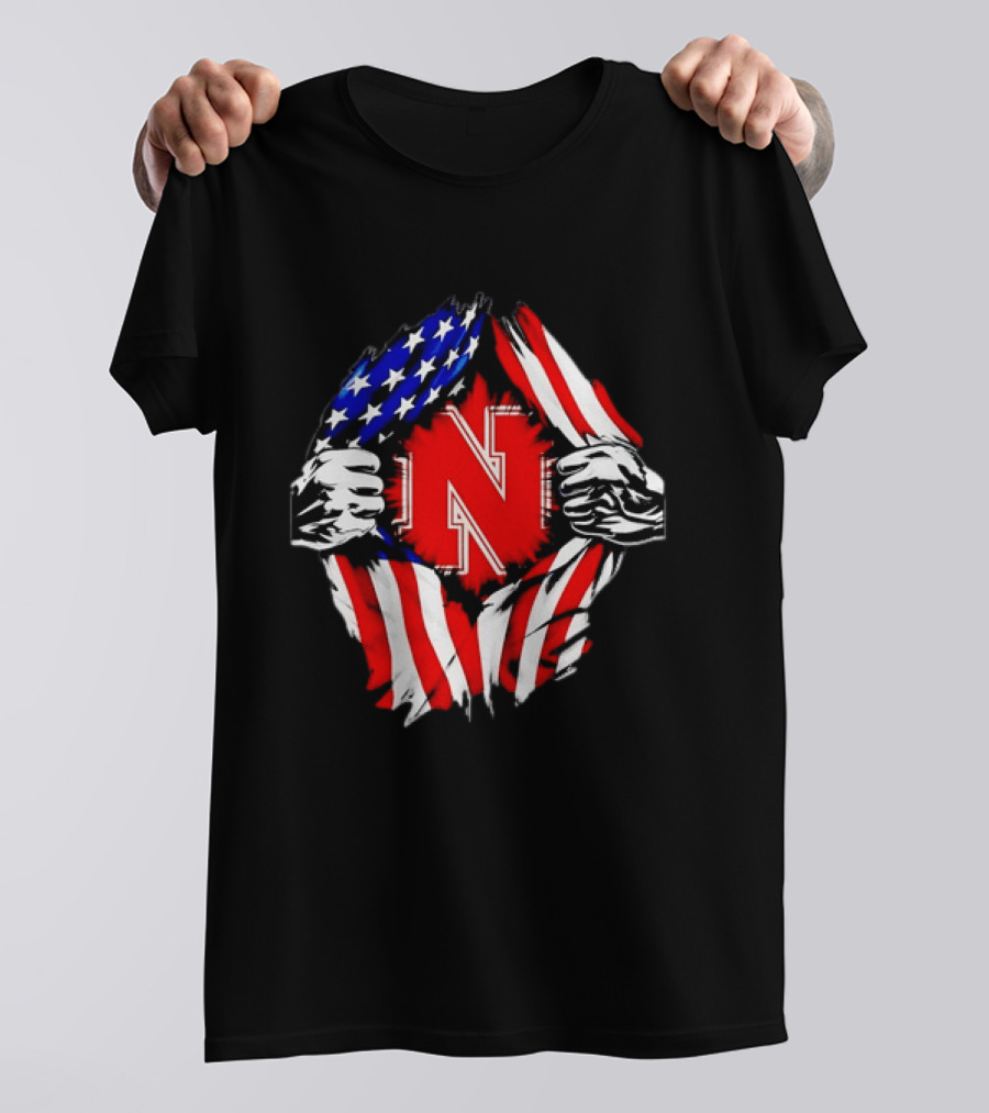 Nebraska Cornhuskers N Logo Ripped American Flag T-Shirt