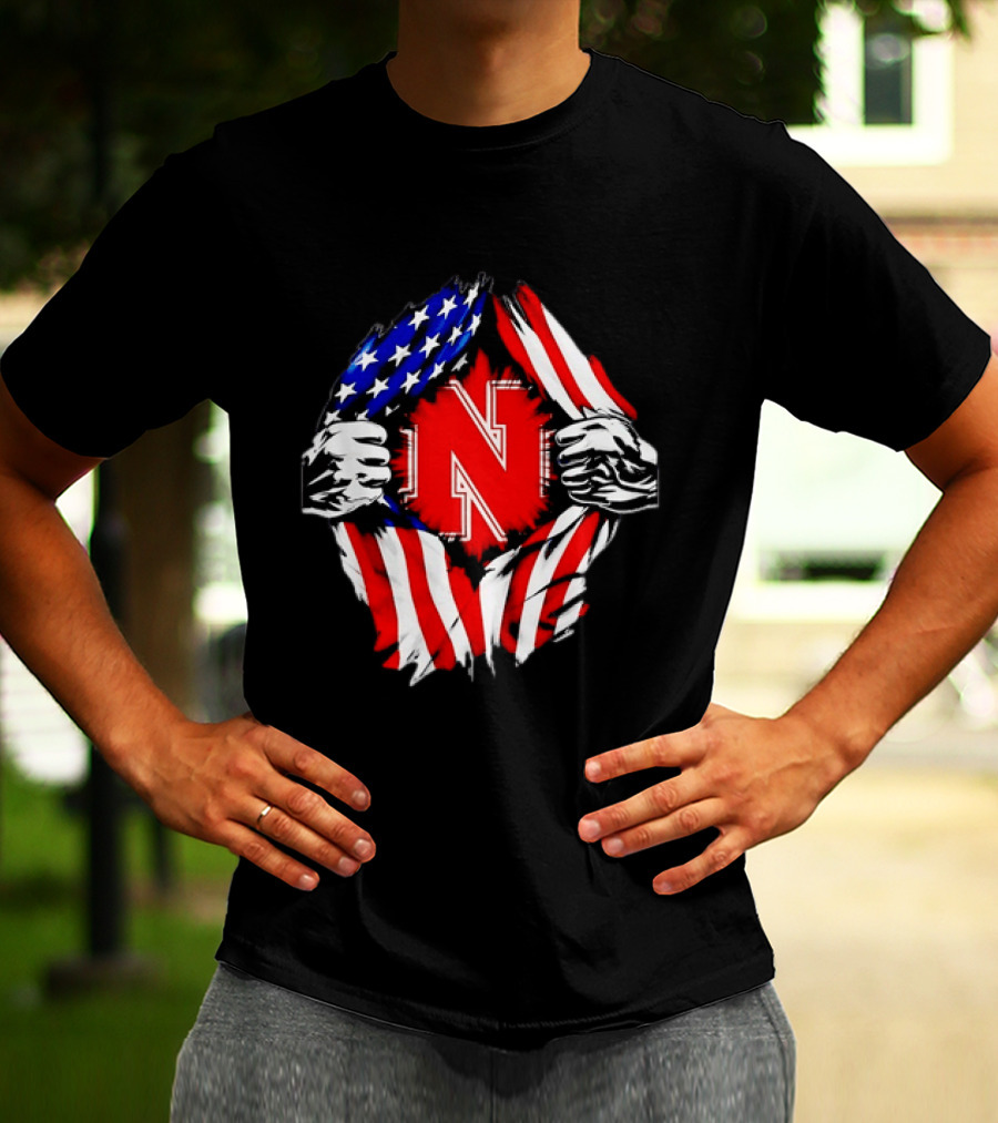 Nebraska Cornhuskers N Logo Ripped American Flag T-Shirt