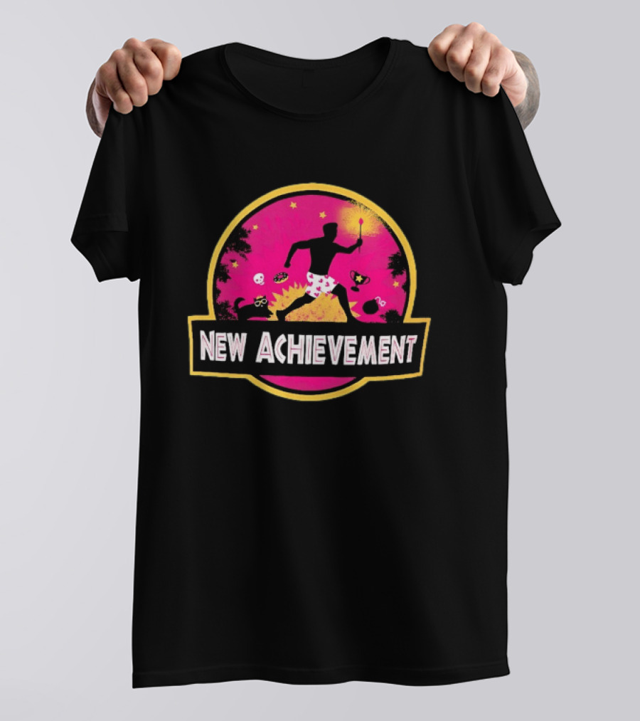 New Achievement Gaming Gamer Video Game Silhouette With Cat And Trophy T-Shirt