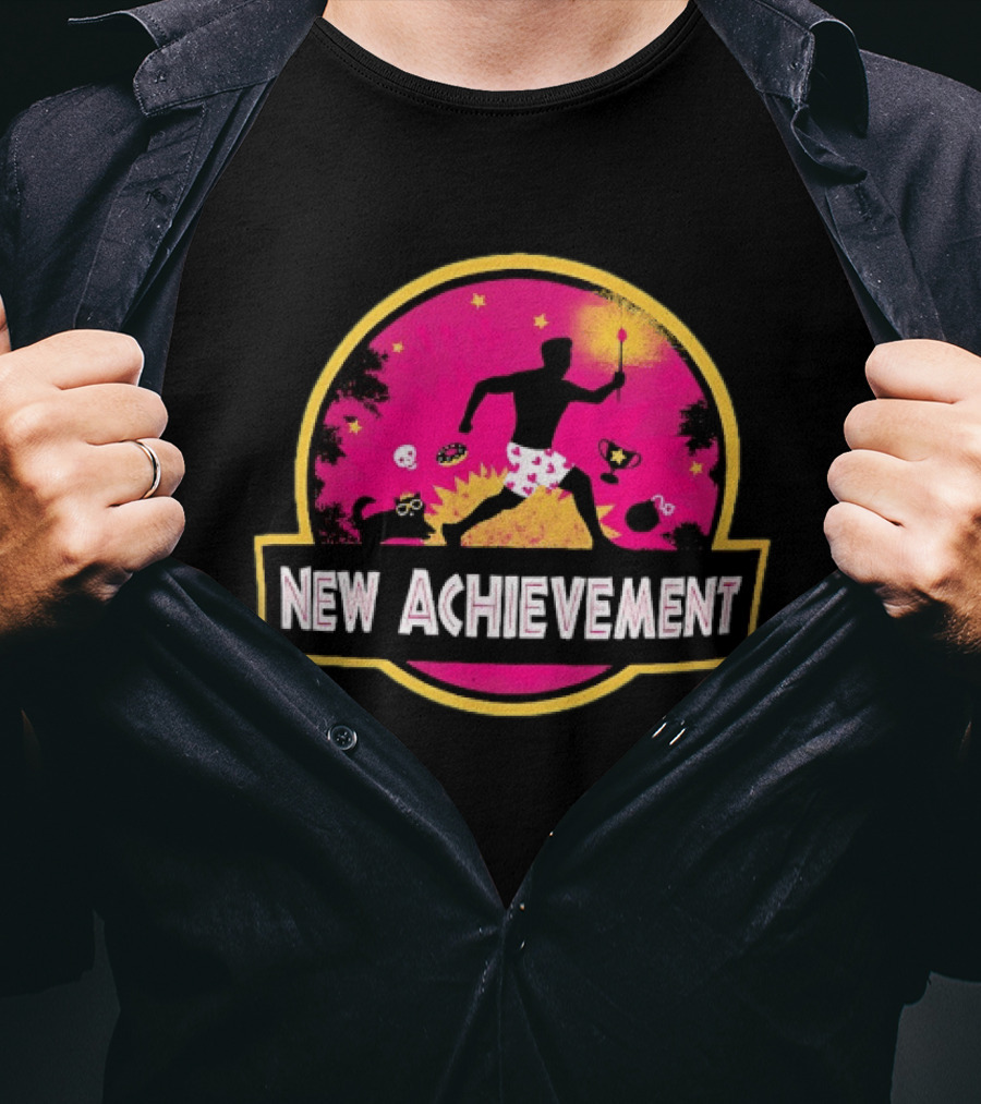 New Achievement Gaming Gamer Video Game Silhouette With Cat And Trophy T-Shirt