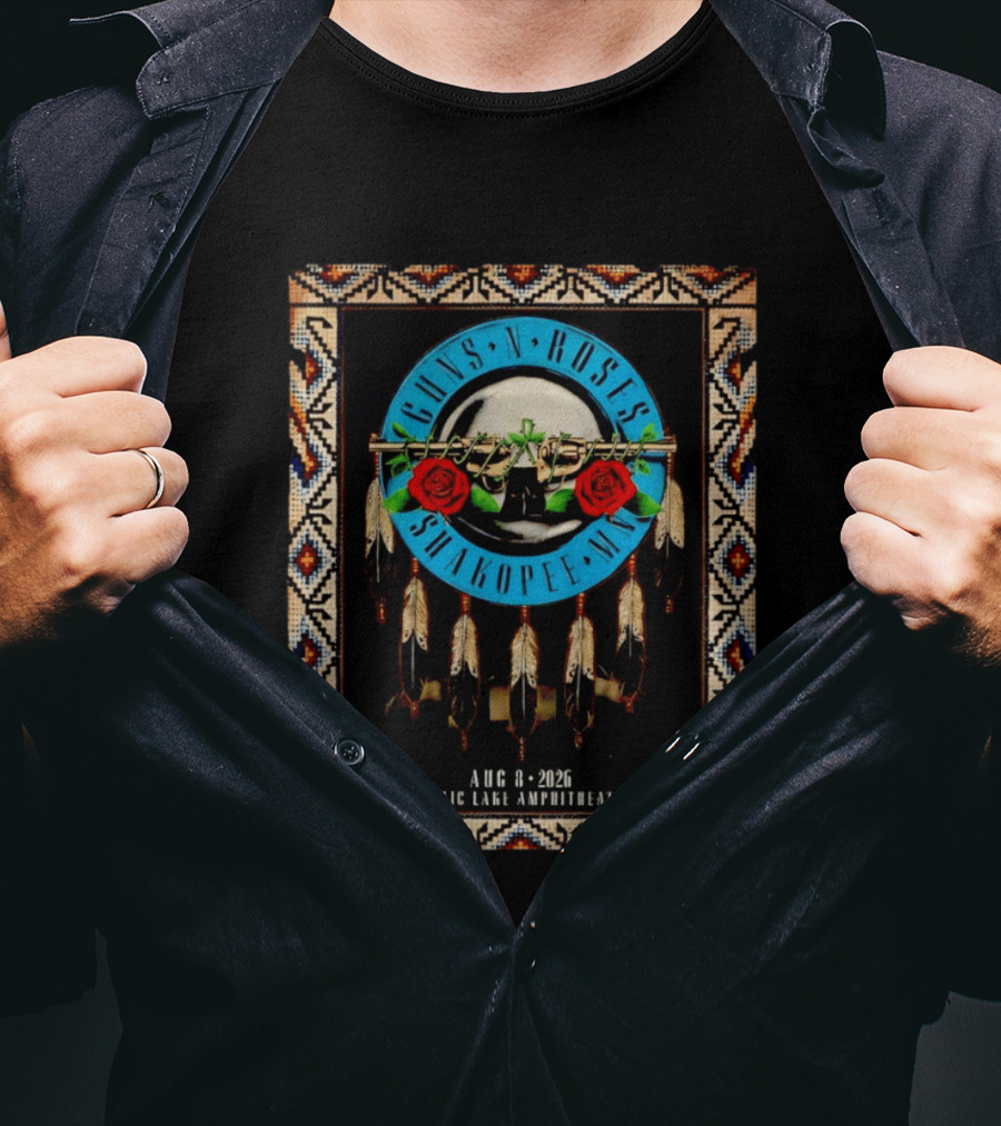 Guns N' Roses Shakopee MN August 8 2026 Mystic Lake Amphitheater Beaded Border Feathers Roses T-Shirt