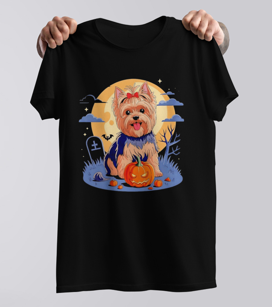 Yorkshire Terrier With Pumpkin On Spooky Halloween Night T-Shirt