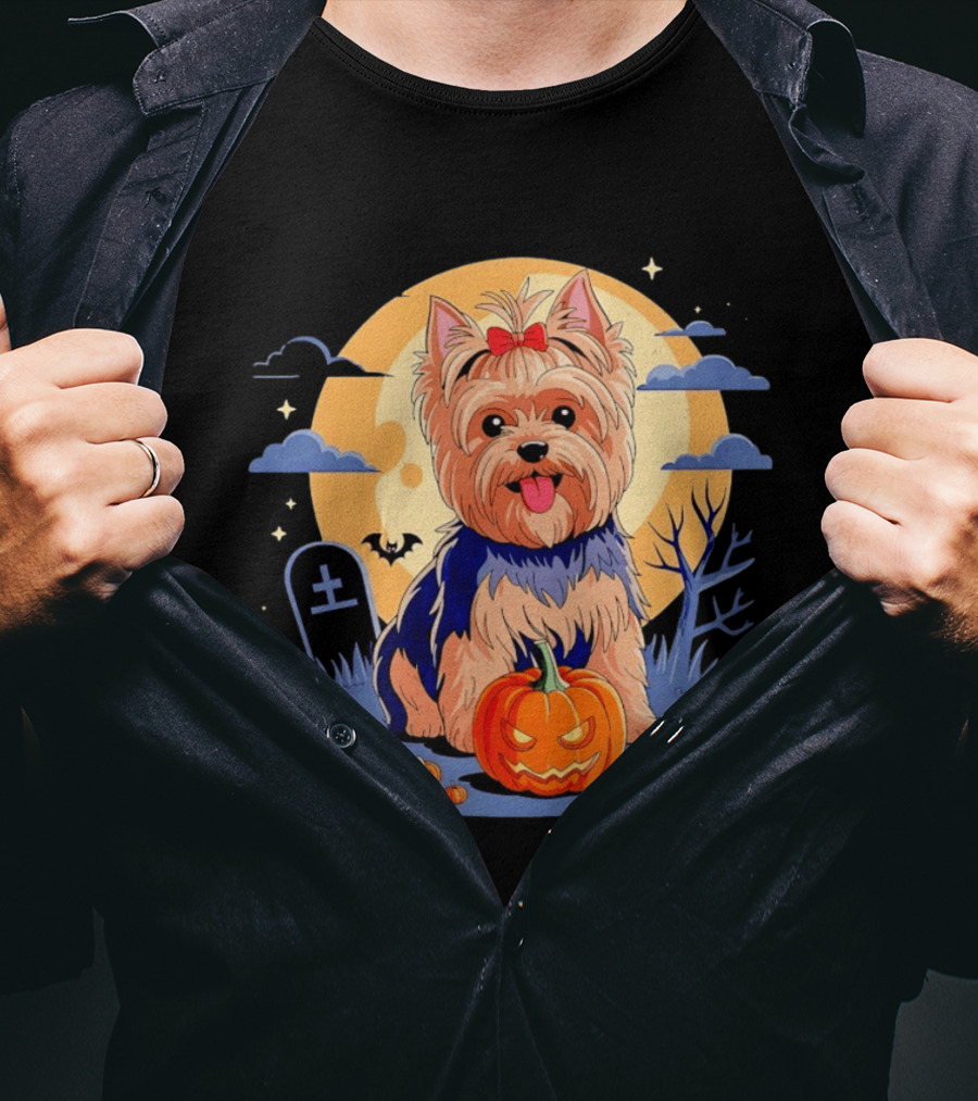 Yorkshire Terrier With Pumpkin On Spooky Halloween Night T-Shirt