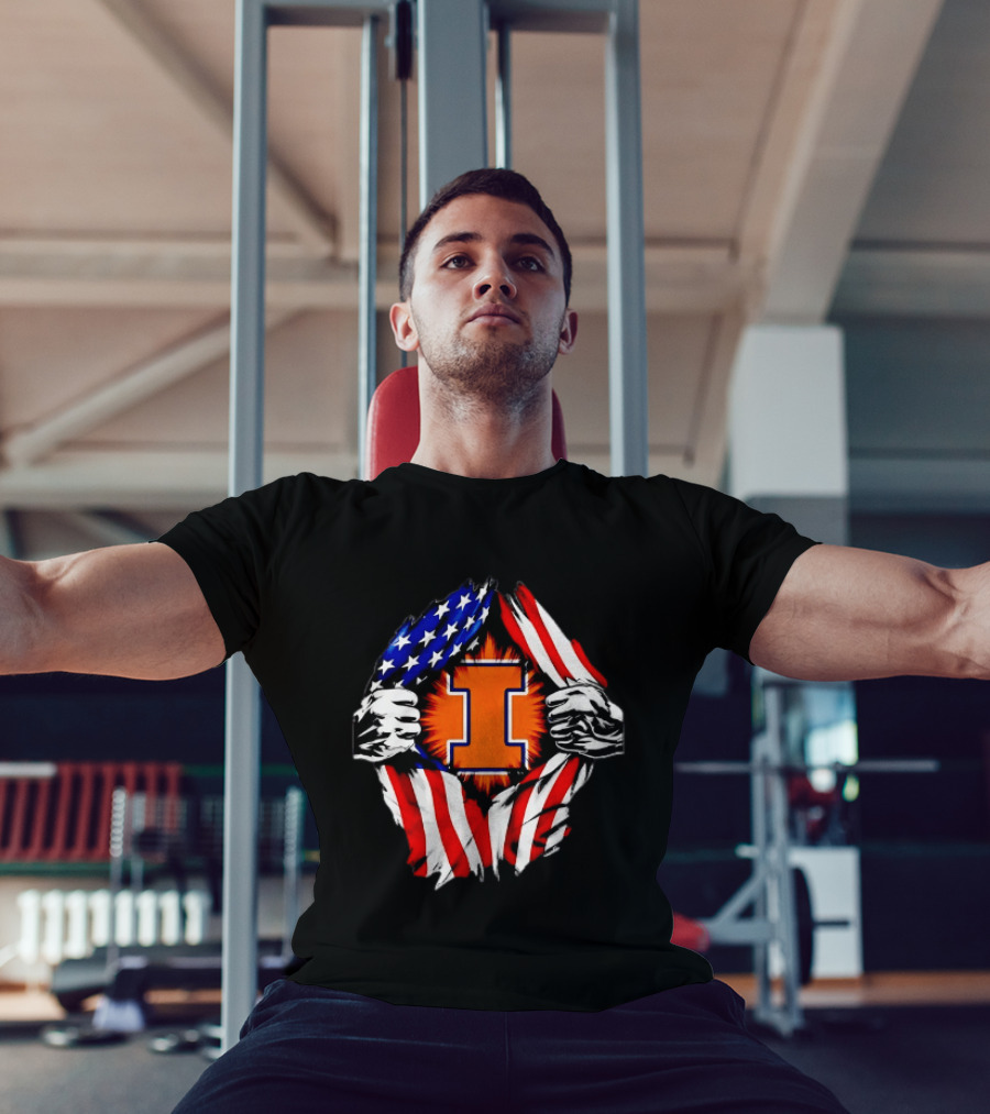 Illinois Fighting Illini I Letter American Flag Patriotic Rip T-Shirt
