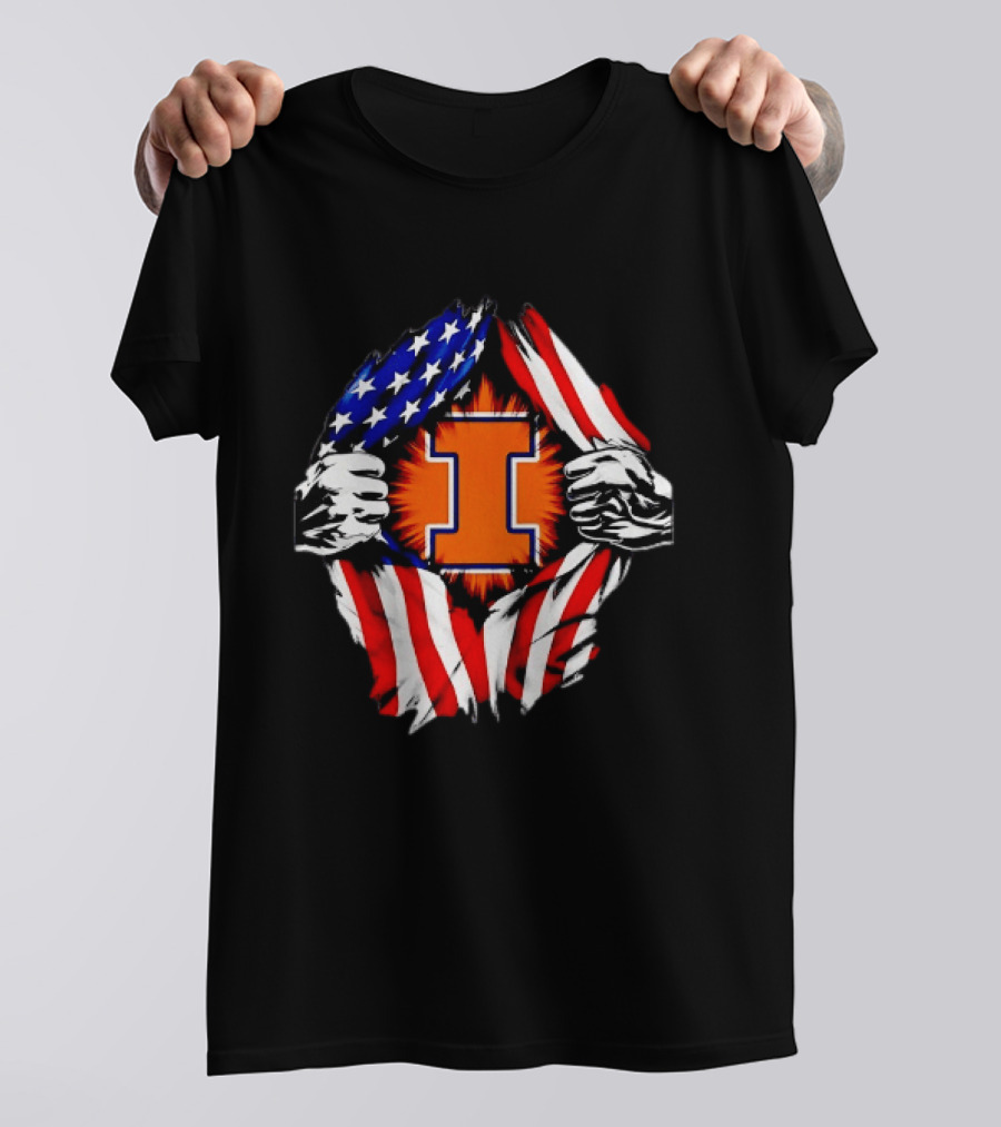 Illinois Fighting Illini I Letter American Flag Patriotic Rip T-Shirt