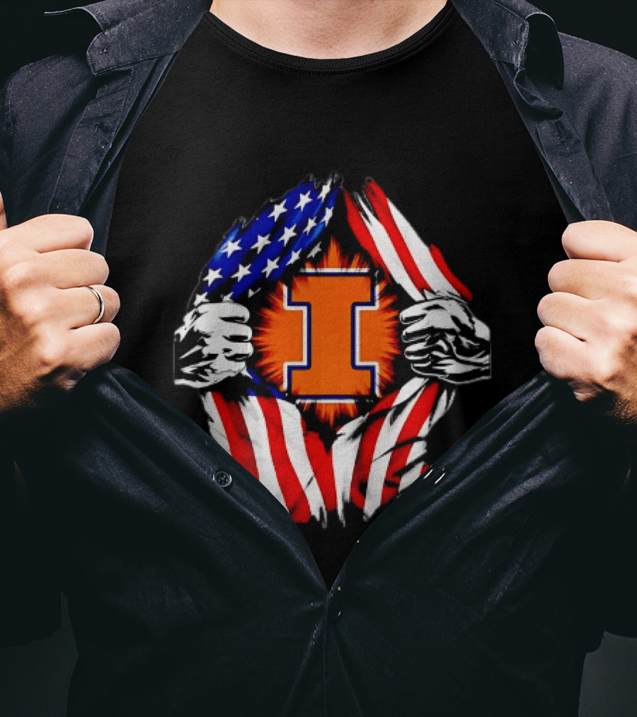 Illinois Fighting Illini I Letter American Flag Patriotic Rip T-Shirt
