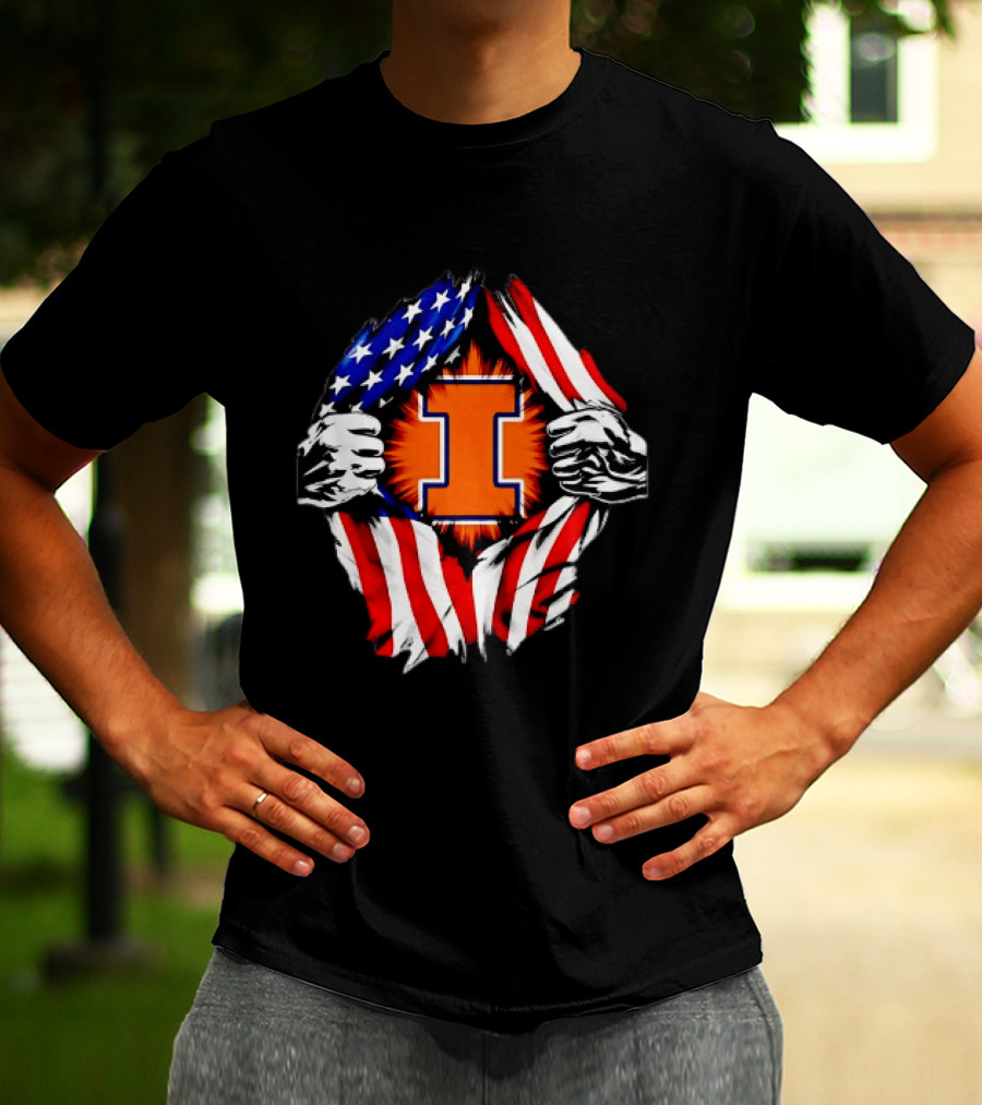 Illinois Fighting Illini I Letter American Flag Patriotic Rip T-Shirt