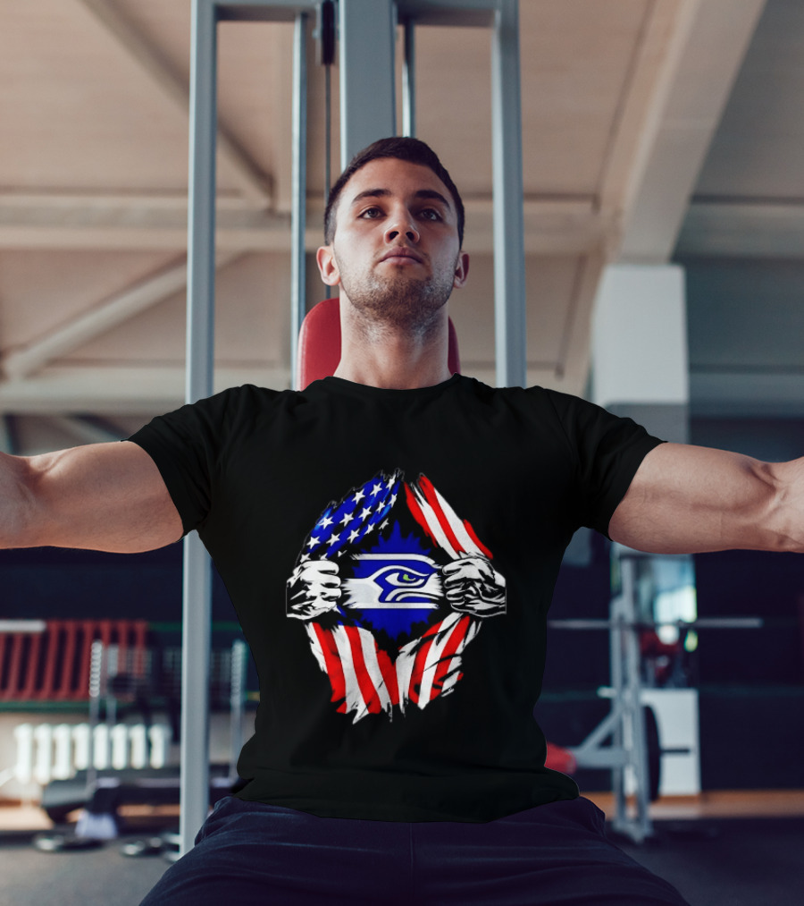 Seattle Seahawks American Flag Ripped Chest USA Fan Gear T-Shirt
