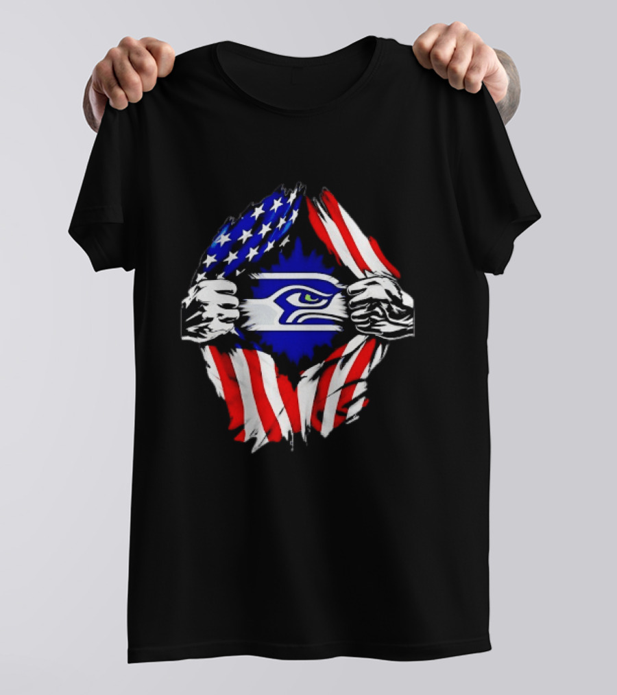 Seattle Seahawks American Flag Ripped Chest USA Fan Gear T-Shirt