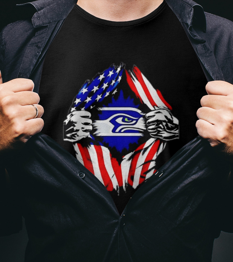 Seattle Seahawks American Flag Ripped Chest USA Fan Gear T-Shirt